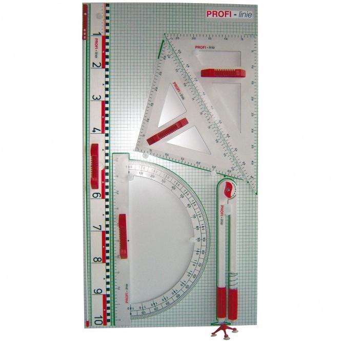 Gerätetafel-Satz mit Dezimeterlineal, Zirkel, Winkelmesser, 2 Dreiecken 50 cm 
